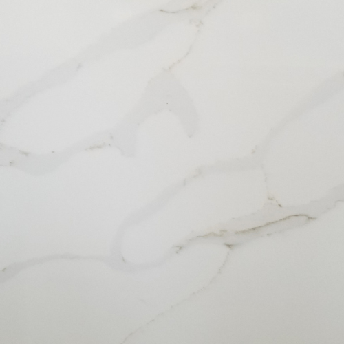 Natural and man-made stone sample of quartz named Calacatta Caramel.