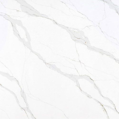 Natural and man-made stone sample of quartz named Calacatta Luxe.